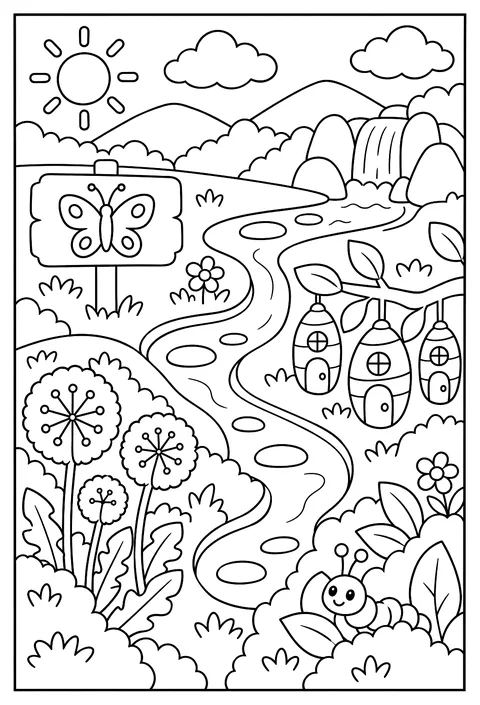 A map of Butterfly Meadow with a nectar river, a cocoon village, a dandelion forest and a hidden caterpillar coloring page