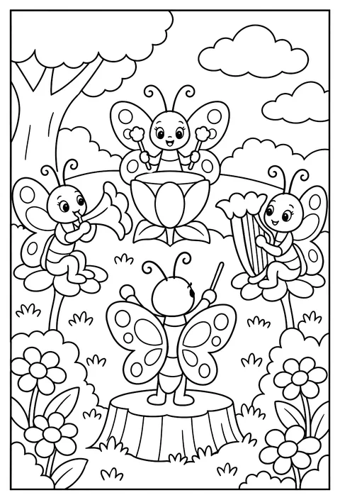 A butterfly orchestra with flower petals as instruments coloring page