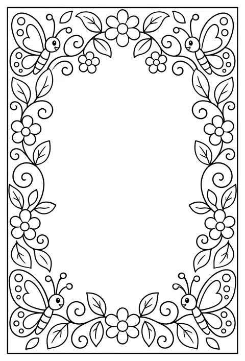 A page-border pattern of butterflies, leaves and swirls around an empty frame coloring page