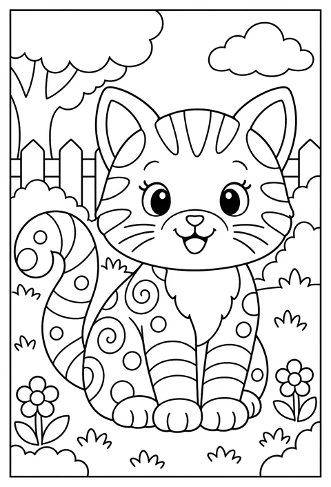 Close-up portrait of a cat whose fur is a pattern of swirls, stripes and dots to color coloring page