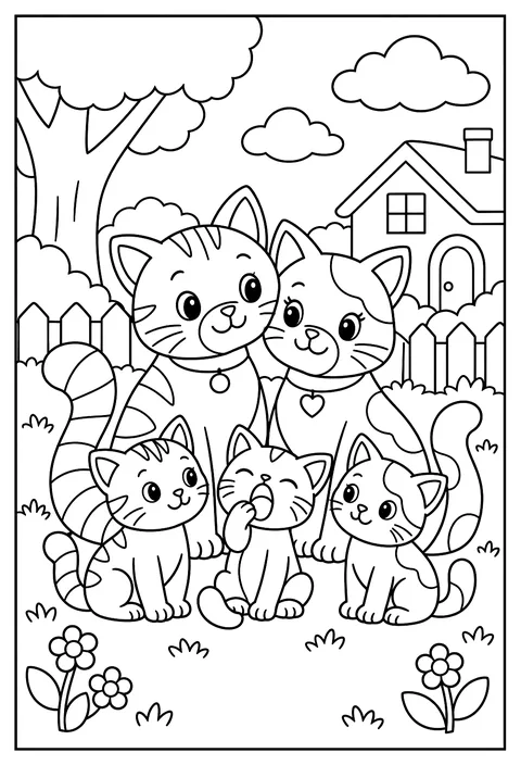 A cat family portrait, one kitten yawning coloring page