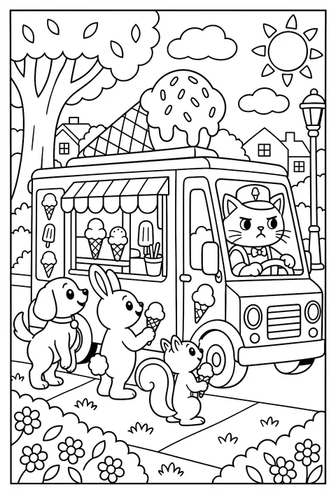 A cat ice-cream truck driven by a very serious cat coloring page