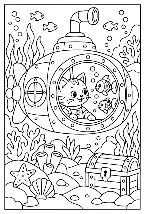 A cat in a submarine watching goldfish through a porthole coloring page