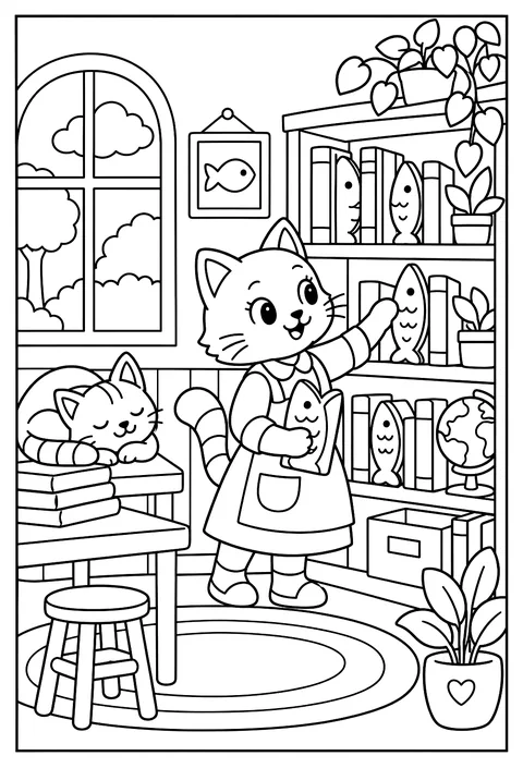 A cat librarian shelving books shaped like fish coloring page