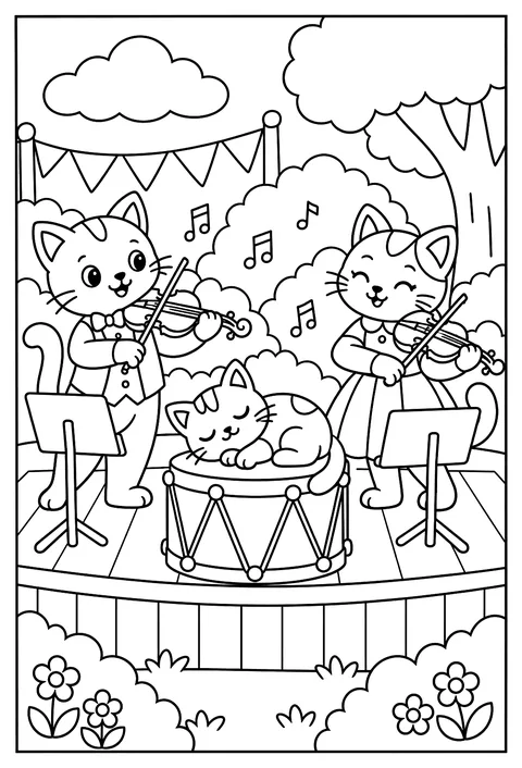 A cat orchestra: cats playing violins, one asleep on a drum coloring page