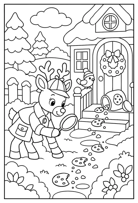 A detective reindeer finding the missing cookies coloring page