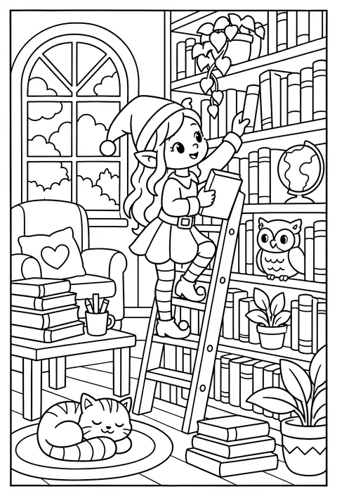 An elf librarian with a ladder of books coloring page