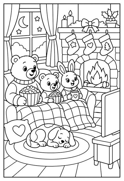 A family movie night with stockings by the fire coloring page