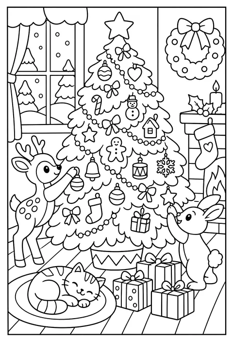 Hidden-object page: a Christmas tree with 12 hidden ornaments coloring page