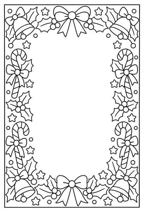 A page-border pattern of holly, bells, stars and candy canes around an empty frame coloring page