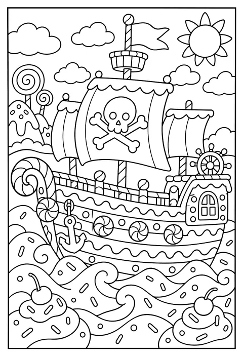 A pirate ship made of gingerbread sailing on frosting coloring page