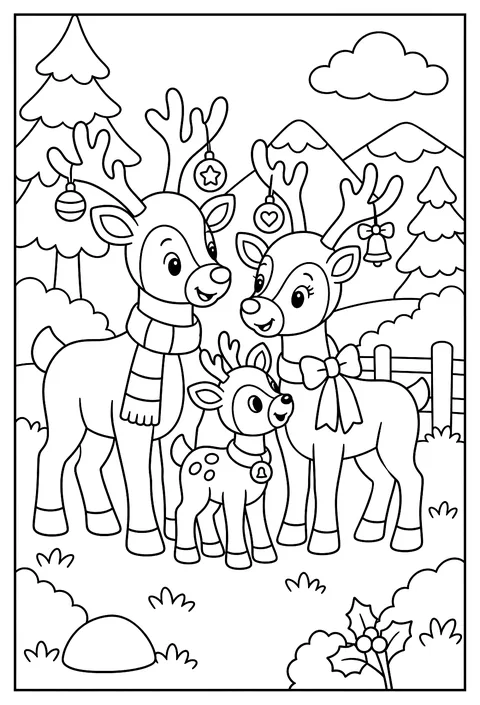 A reindeer family portrait with antler decorations coloring page