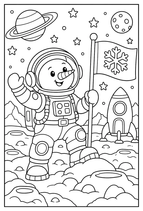 A snowman astronaut on a planet made of snow coloring page