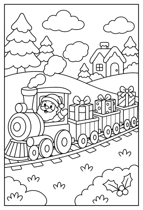A Christmas train with a gift in every car coloring page