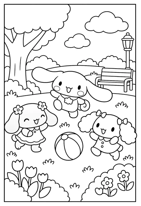 Cinnamoroll and his friends Mocha and Chiffon playing in a park coloring page