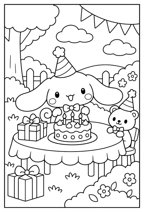 Cinnamoroll at his birthday party with a cake and party hat coloring page