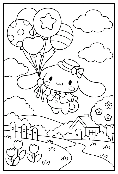 Cinnamoroll floating with a bunch of balloons coloring page
