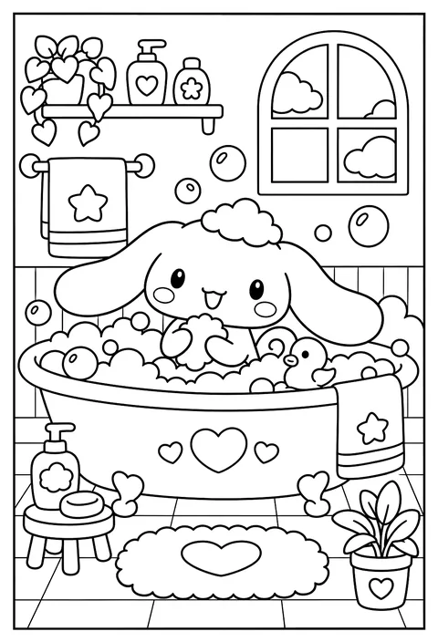 Cinnamoroll having a bubble bath with a rubber duck coloring page