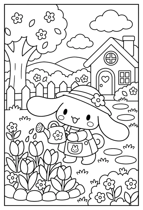 Cinnamoroll in a flower garden with tulips and a watering can coloring page