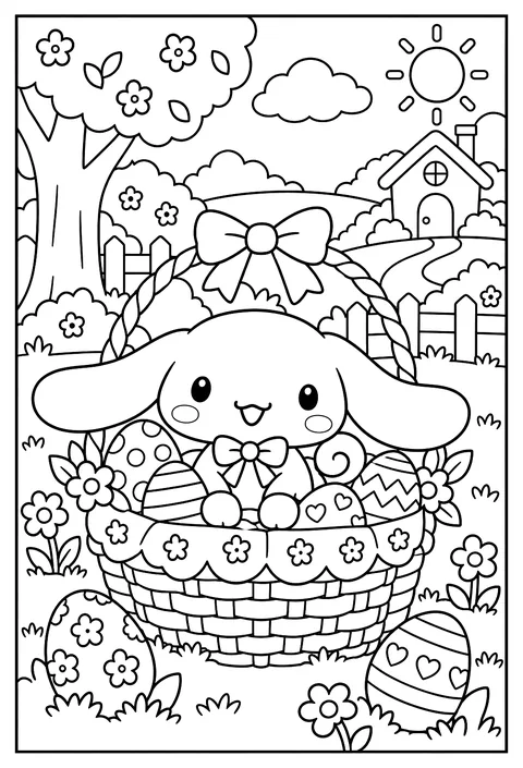 Cinnamoroll in an Easter basket with decorated eggs coloring page