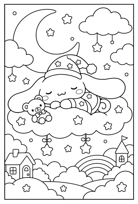Cinnamoroll sleeping on a fluffy cloud with a crescent moon coloring page