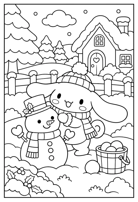 Cinnamoroll wrapped in a scarf making a snowman coloring page