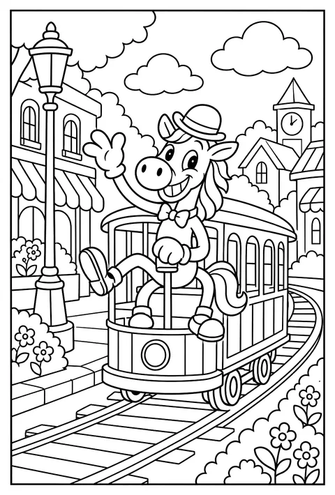 A 1920s rubber-hose style cartoon horse in a bowler hat riding a tiny trolley, wobbly limbs and a big grin coloring page