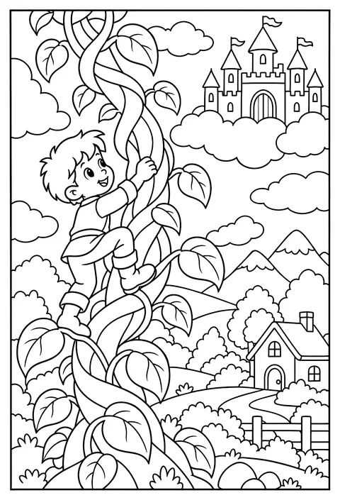 A boy climbing a giant beanstalk into the clouds with a castle above coloring page