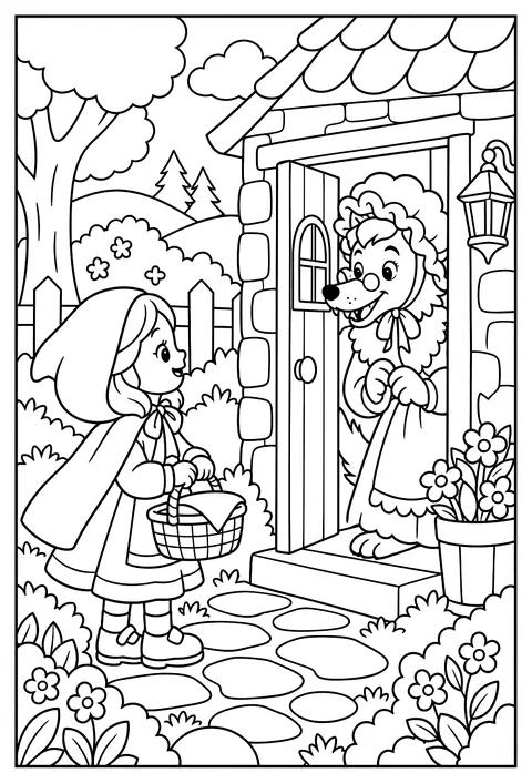 A girl in a red riding hood meeting a wolf in a bonnet at a cottage door, classic fairytale style coloring page