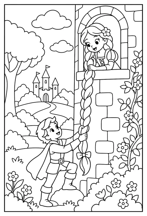 A girl with long braids letting her hair down from a tower window coloring page