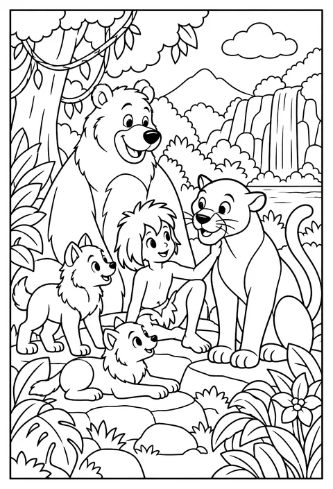 A jungle boy raised by wolves sitting with a black panther and a bear, classic 1894 storybook style coloring page