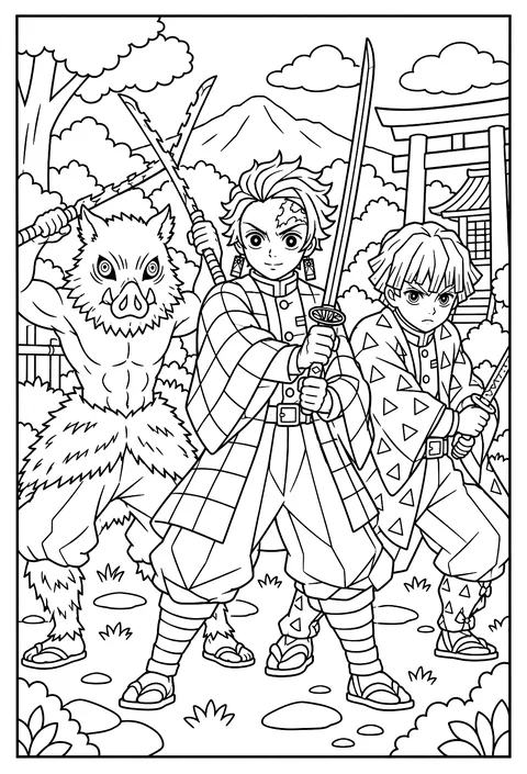 Inosuke, Zenitsu and Tanjiro standing shoulder to shoulder in a determined group pose coloring page