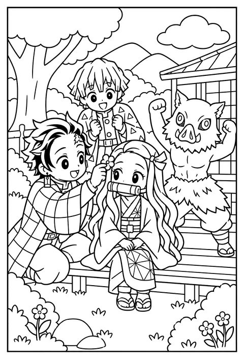 Tanjiro placing a small flower behind Nezuko's ear coloring page