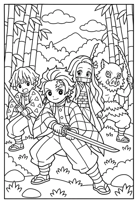 Tanjiro standing in a bamboo forest with his katana drawn and Nezuko behind him coloring page