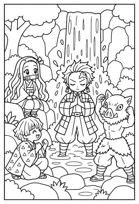 Tanjiro training under a waterfall in a breathing-exercise stance coloring page