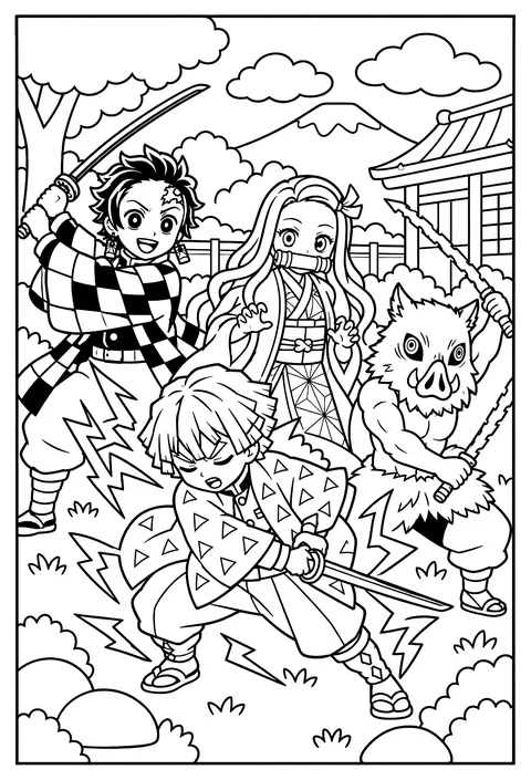 Zenitsu striking a Thunder Breathing pose with jagged lightning-shaped effect lines coloring page