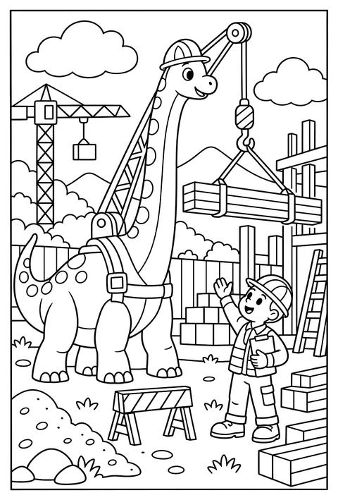 A brachiosaurus working as a crane at a construction site, lifting a wooden beam coloring page