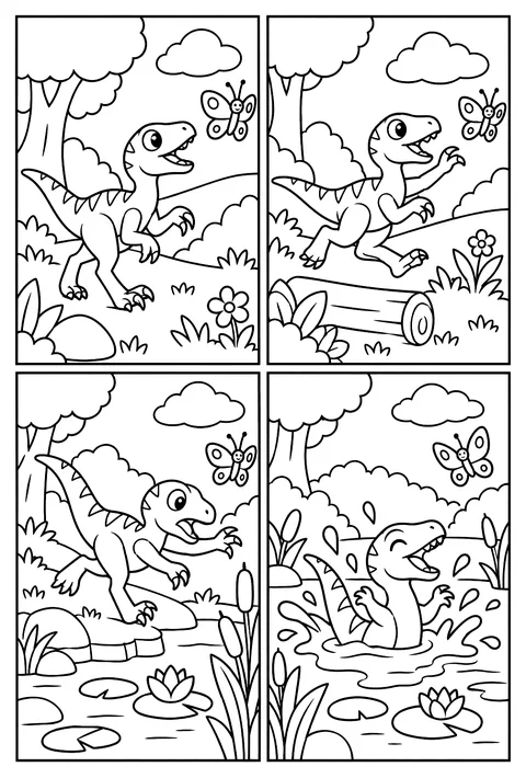 Four-panel comic: a raptor chases a butterfly and ends up in a pond coloring page