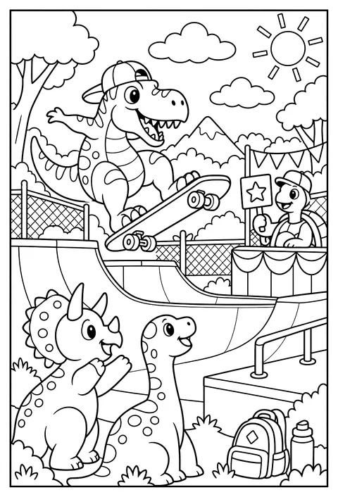 A dinosaur skateboard park with a T-rex doing a trick and a turtle judge holding a score card coloring page