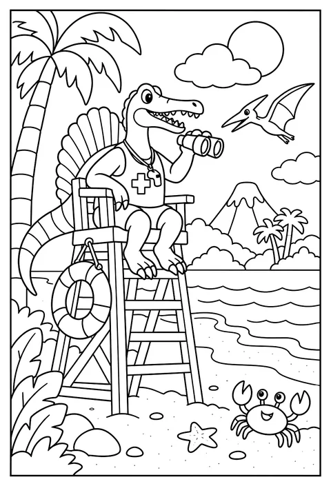 A spinosaurus lifeguard on a tall chair at a prehistoric beach coloring page