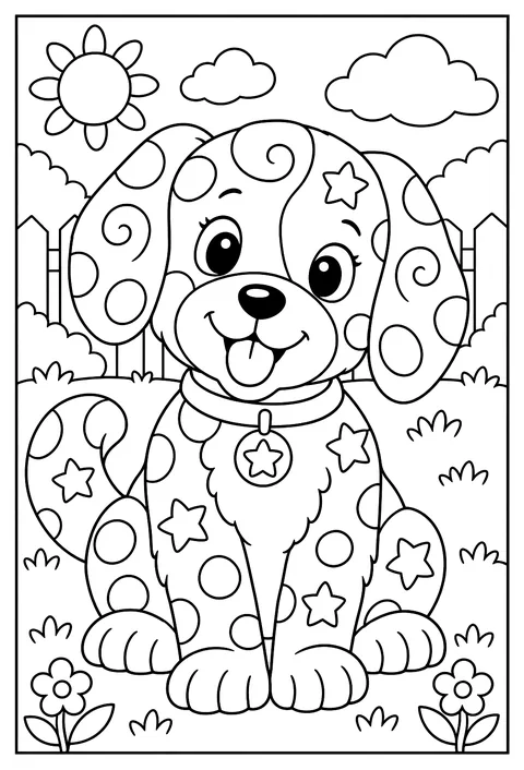 Close-up portrait of a dog whose fur is a pattern of curls, spots and stars coloring page