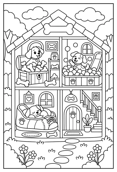 Cutaway of a doghouse mansion coloring page