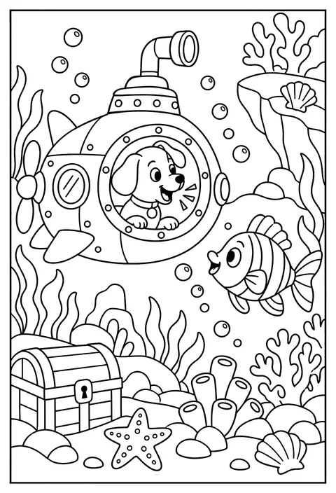 A dog in a submarine barking at a fish coloring page