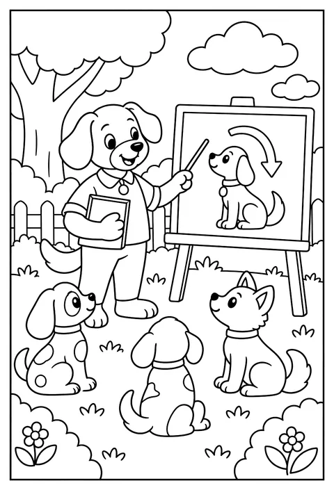 A dog teacher with a chalkboard lesson on how to sit coloring page