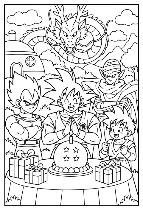 A birthday party for Goku with a cake shaped like an orange Dragon Ball coloring page