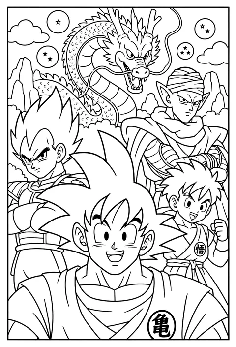 A close-up portrait of Goku's face with his spiky hair and orange headband coloring page