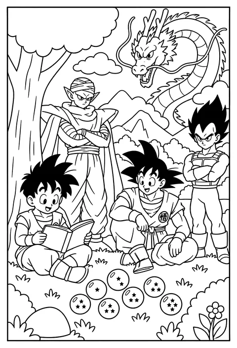 Gohan reading under a shady tree while Piccolo watches nearby coloring page