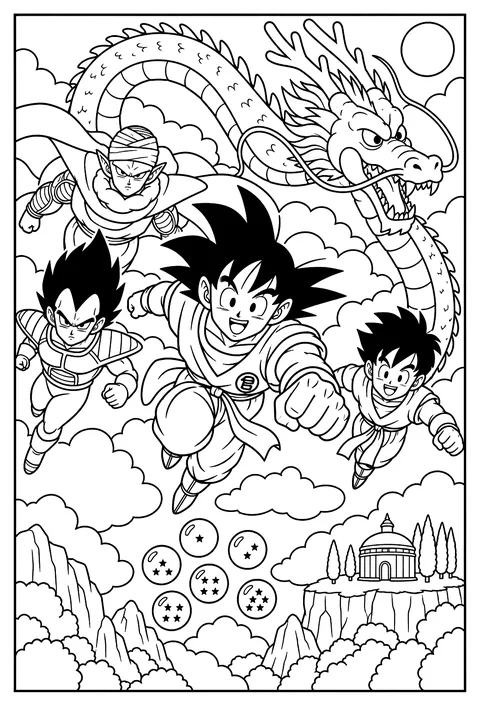 Goku flying through fluffy clouds with his gi fluttering behind him coloring page
