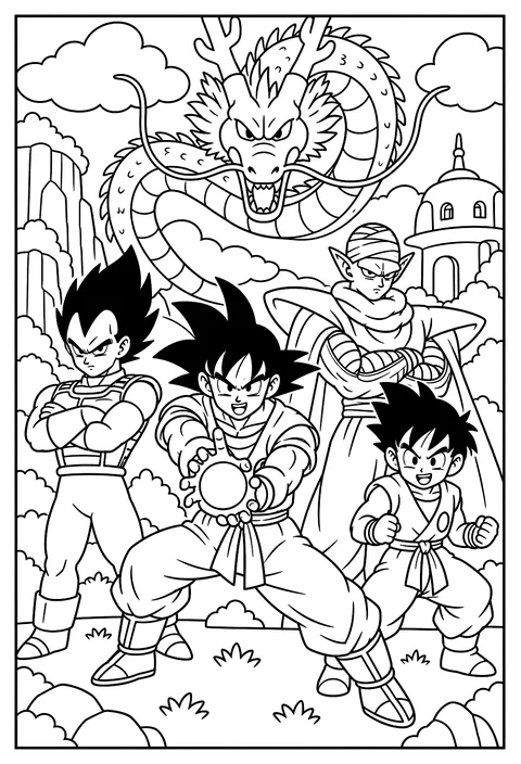 Goku in a Kamehameha pose with energy building between his cupped hands coloring page