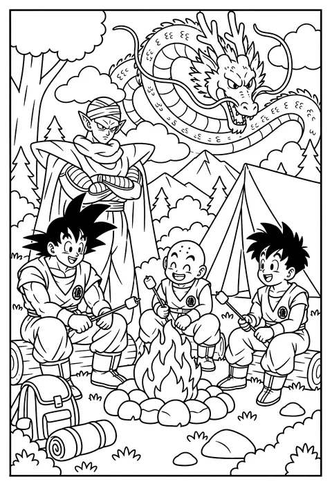 Krillin, Gohan and Goku camping together with a tent and a crackling campfire coloring page
